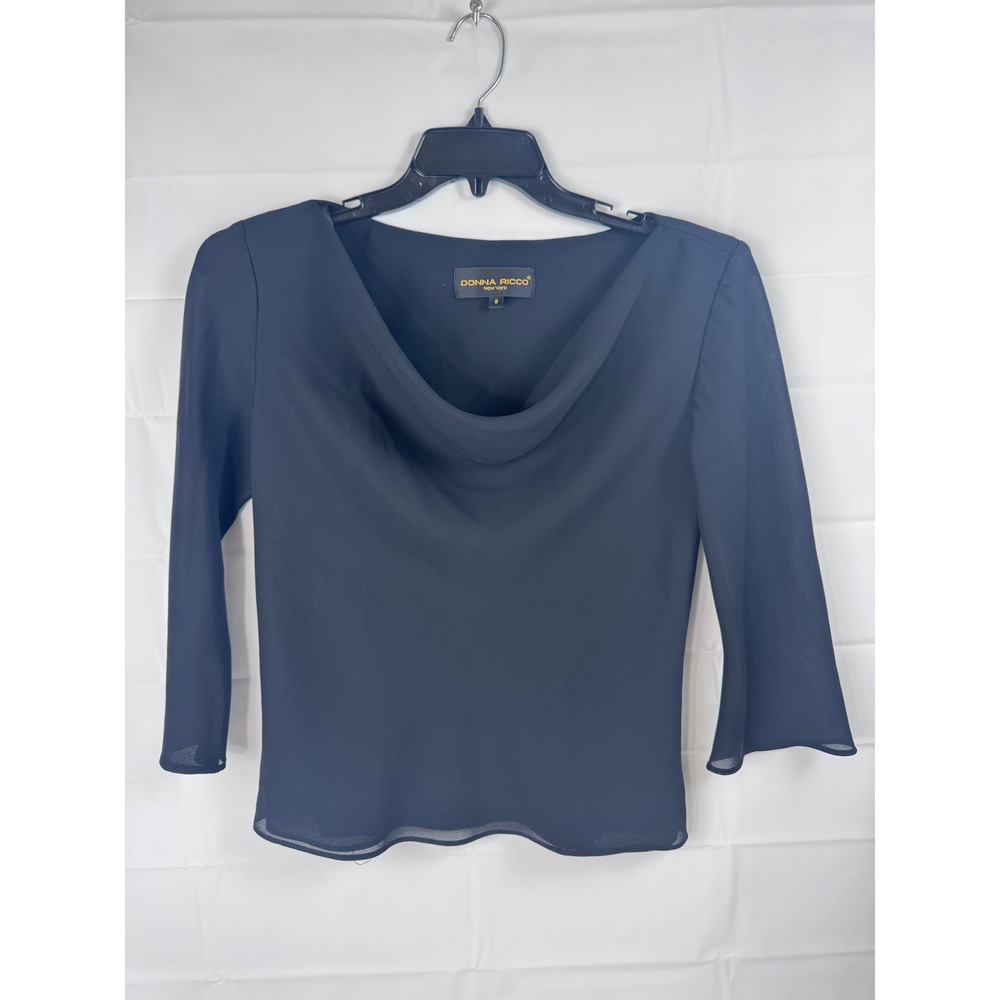 Donna Ricco New York Black Cowl Neck Chiffon Blouse 3/4 Sleeve 8097156M Size 8